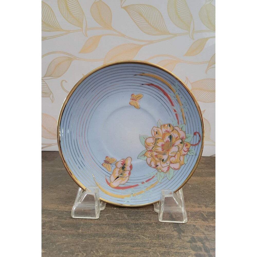 Vintage Japanese Lusterware Saucer Sky Blue Peony Flower Gold Gilt Back Saucer